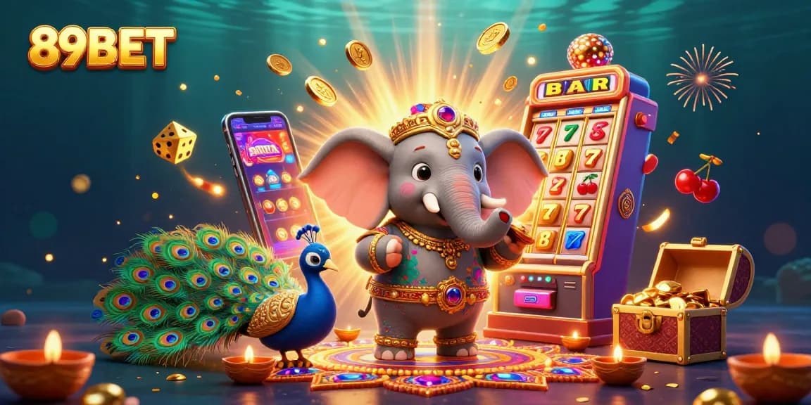 Experience the excitement of 89BET with vibrant slot machines and a festive Diwali theme.