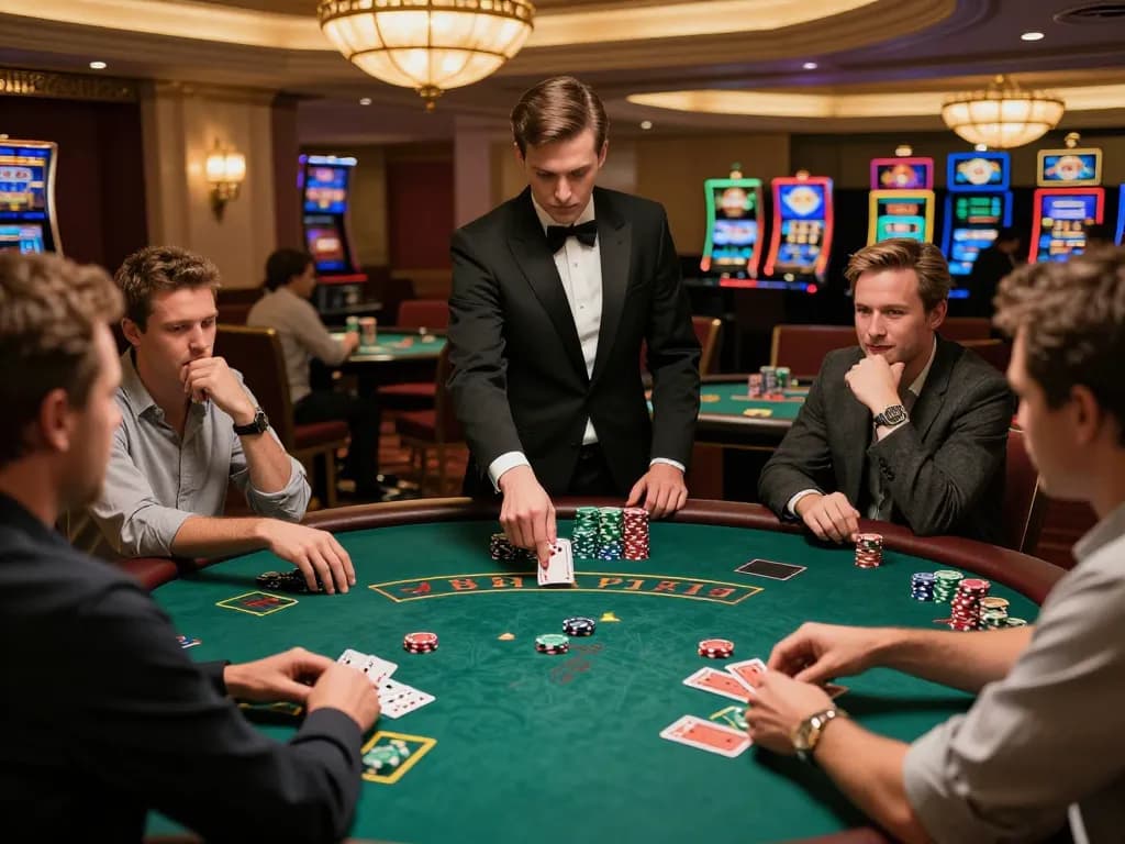 Players enjoying a thrilling blackjack game at RIKVIP casino under warm lighting, capturing the excitement of strategy and chance.
