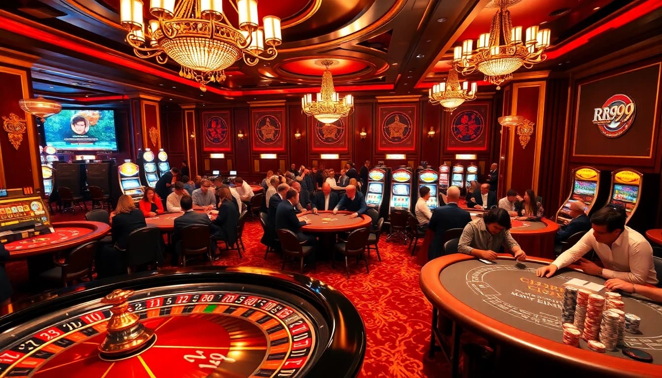 Intense casino gaming scene featuring rr99 strategies at the poker table with vibrant chips.