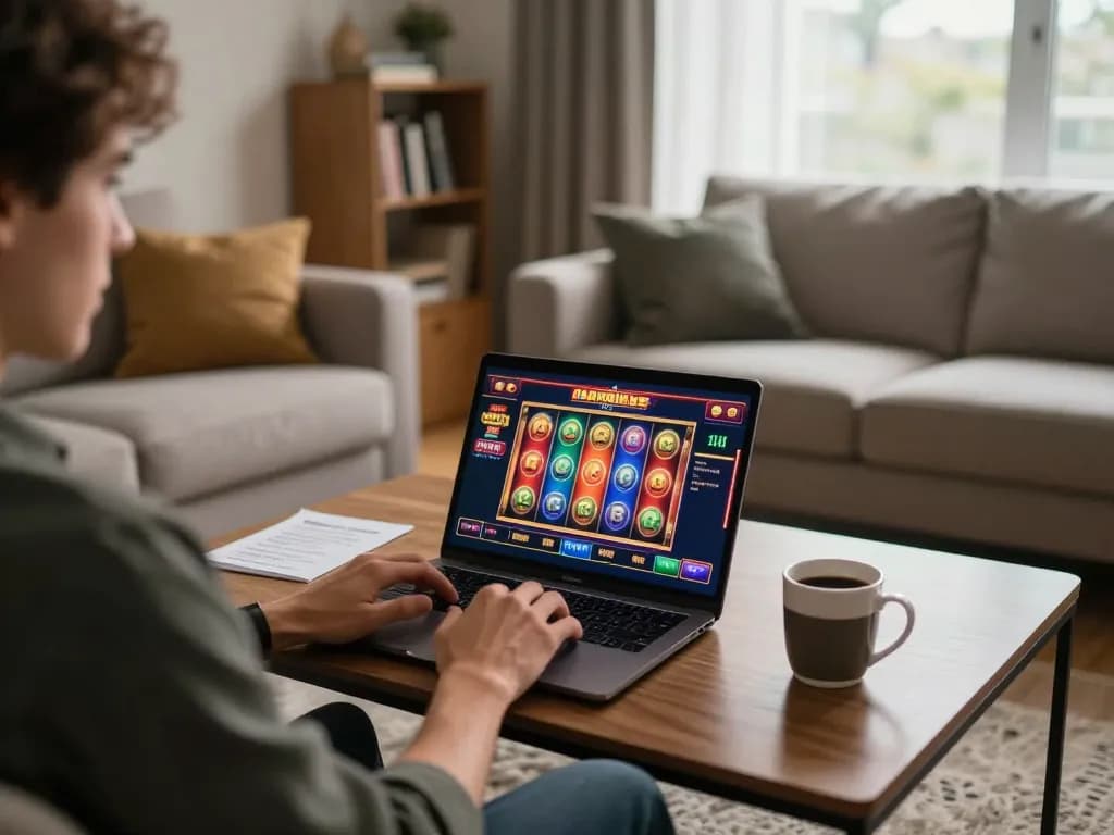 Bromo888 user engaged in online gaming with laptop showing vibrant slot interface