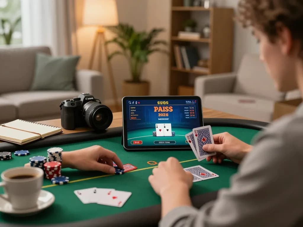 Engaged player using 68win on tablet for online poker in a cozy home setting