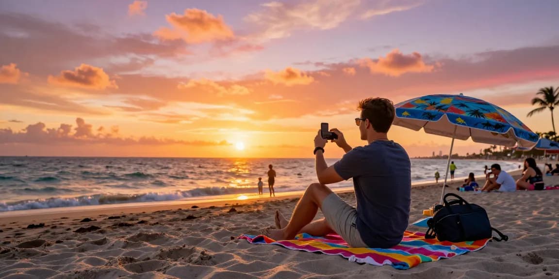 Pengunjung di pantai Miami menikmati matahari terbenam, merekam momen indah dengan smartphone di https://miami4d.com/.