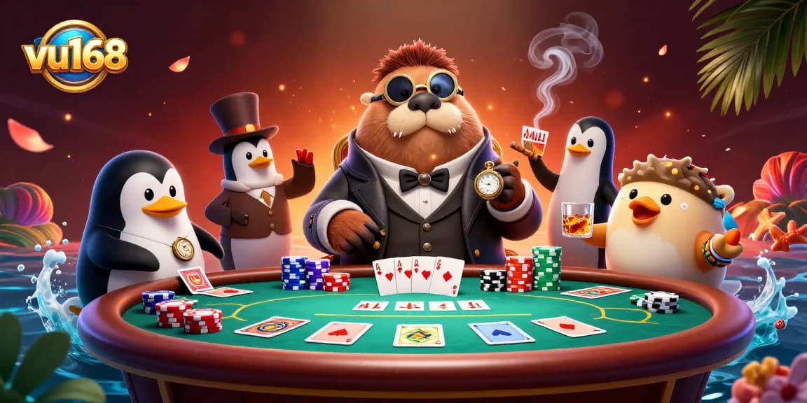 Experience thrilling poker action with vu168 as a jolly walrus plays cards with unique sea creature companions.