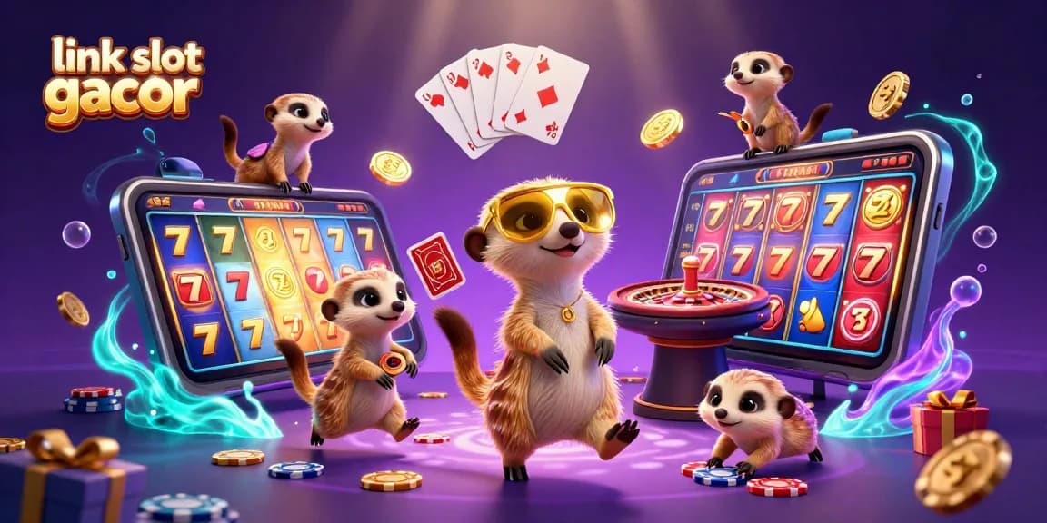 Visualisasi bermain link slot gacor dengan koloni meerkat di kasino yang ceria.
