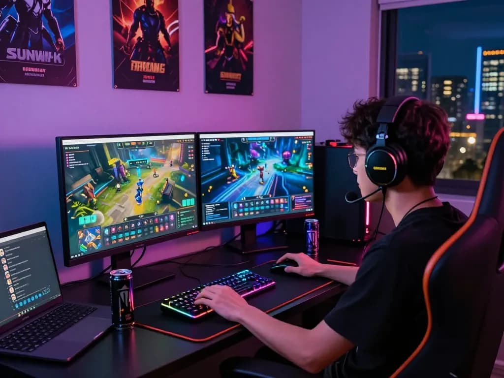 Player using Sunwin đăng nhập on dual monitors in a vibrant gaming setup with neon lights.