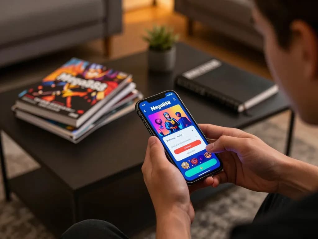 Engaging with the Mega888 kiosk login on a smartphone in a cozy home environment with gaming elements.