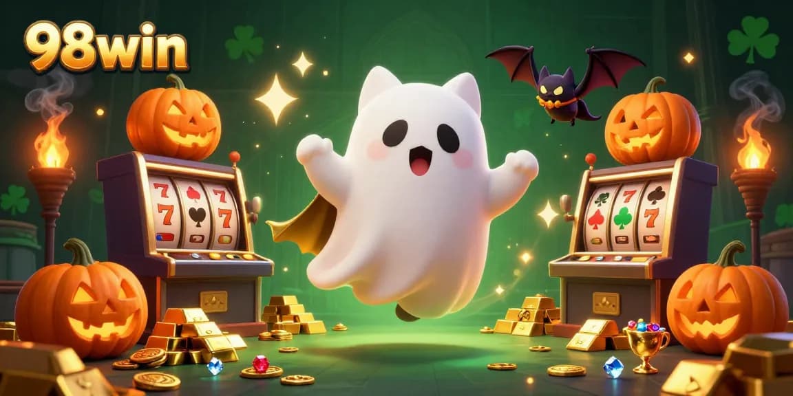 Feel the thrill at 98win as the ghost cat and vampire bat explore glowing slot machines in a haunted casino.