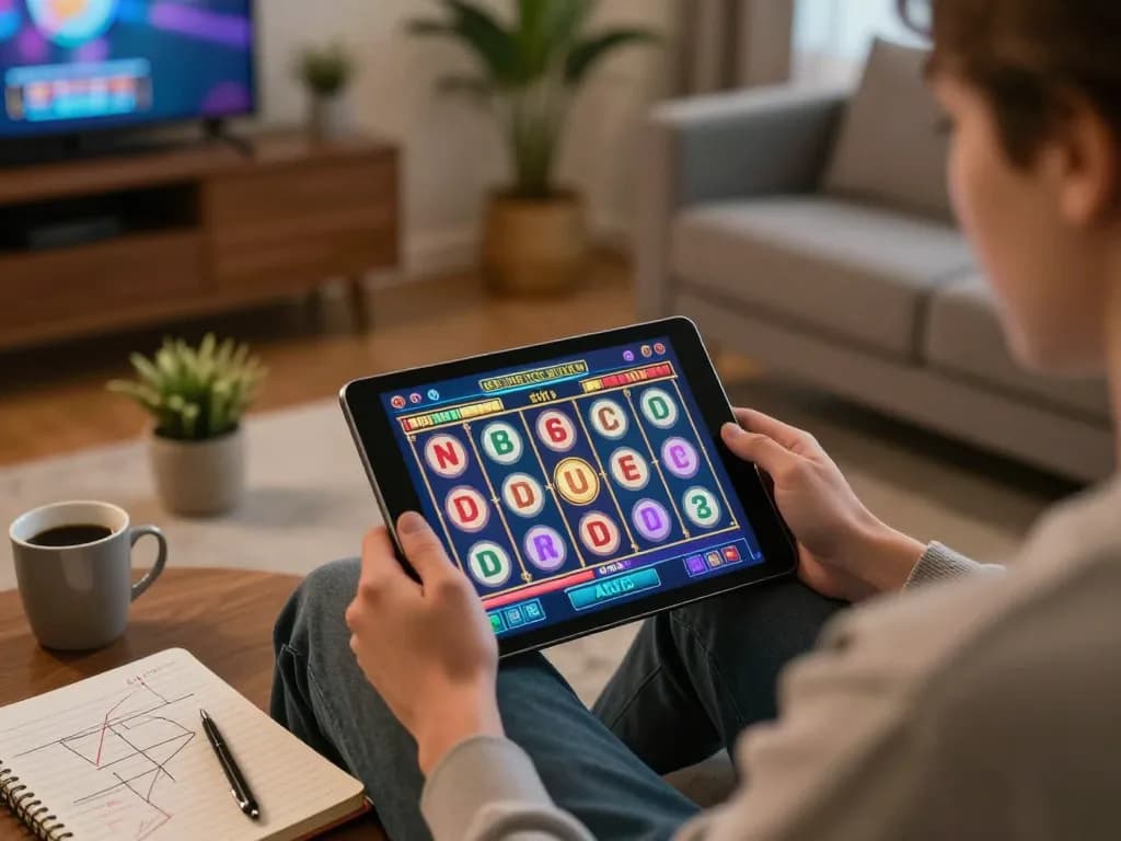Player enjoying exciting slot games on a tablet in a cozy home setting