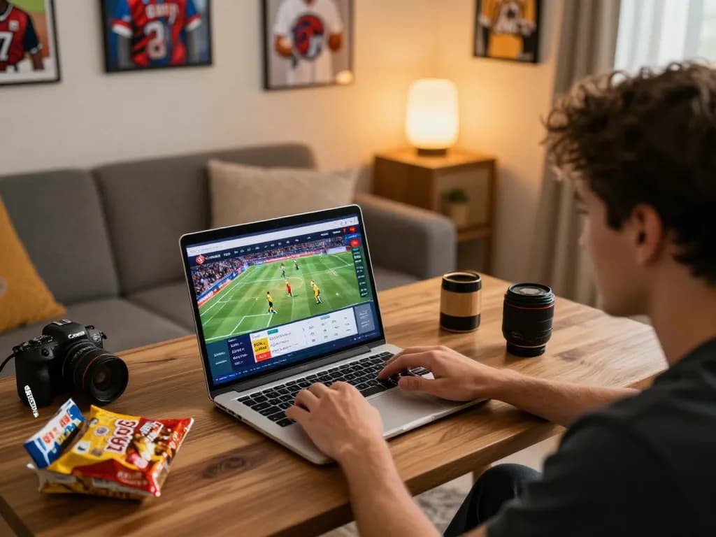 Player enjoying live sports betting on RR88 platform, with laptop open and team memorabilia in view.