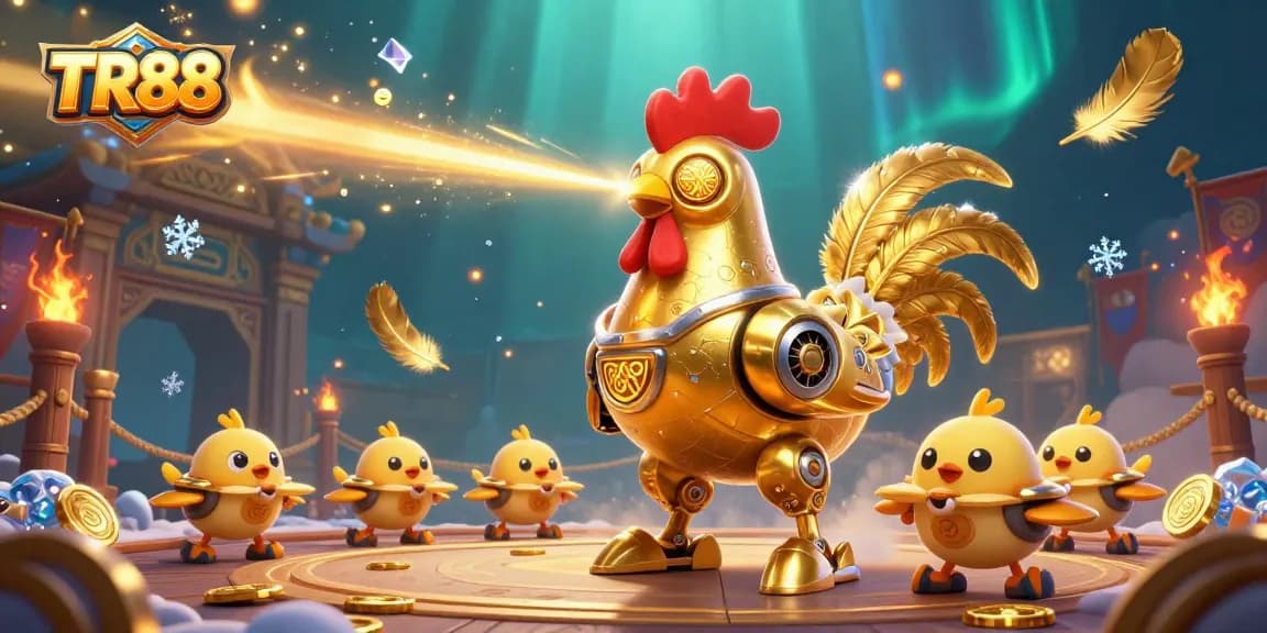Engage with TR88's thrilling gaming environment featuring a golden rooster robot and adventurous chick drones.