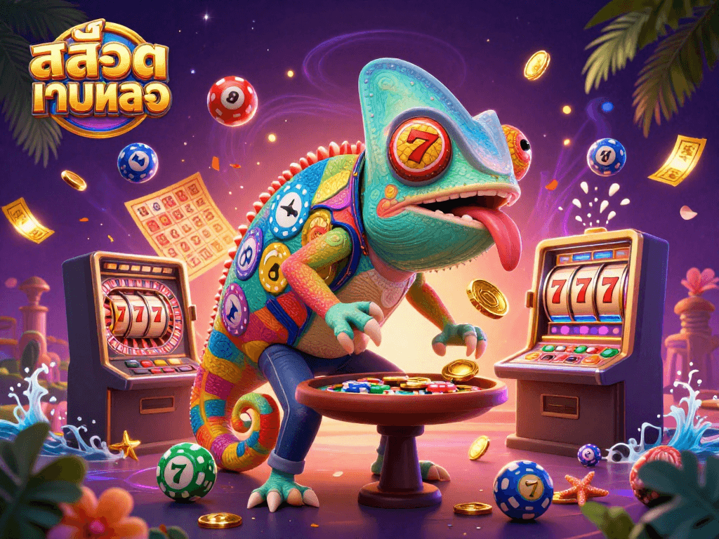 Engage in exciting สล็อตเว็บตรง action with colorful elements like lottery balls and golden tickets.