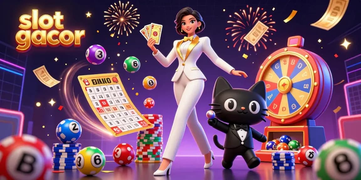 Engage with slot gacor in this vibrant, packed 3D casino illustration featuring dynamic lottery and celebration elements.