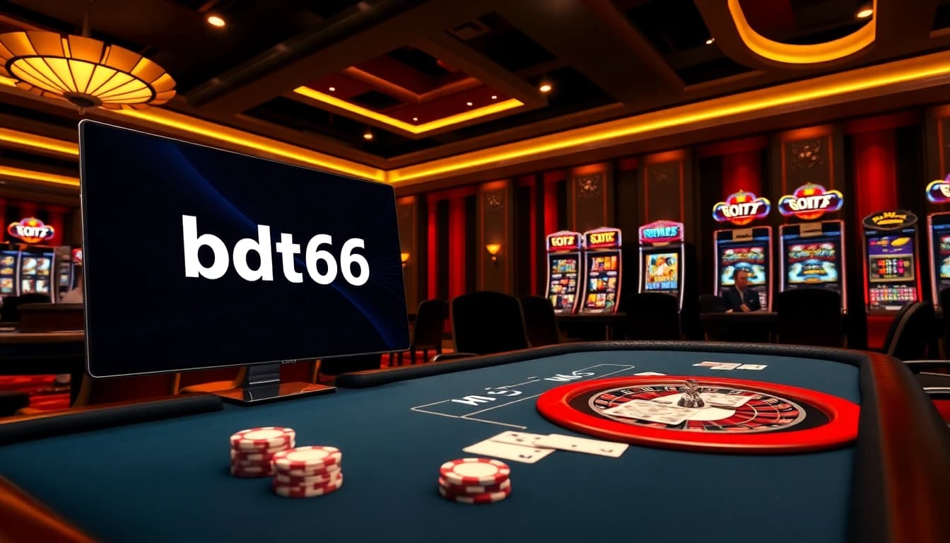 Experience luxury and excitement with bdtk66 my in this vibrant casino setting filled with poker chips and roulette wheels.