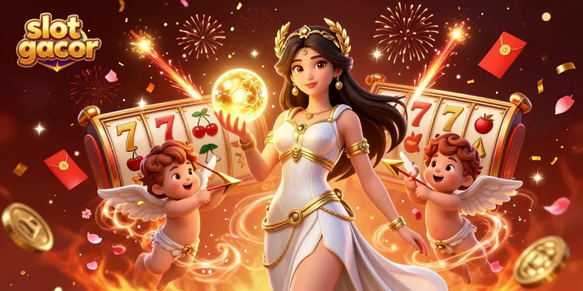 Catch big wins with slot gacor featuring goddess and cherubs amidst vibrant casino symbols.