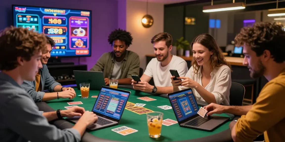 Exciting online gaming experience at https://being-there.org.uk with friends playing card games in a vibrant casino atmosphere.