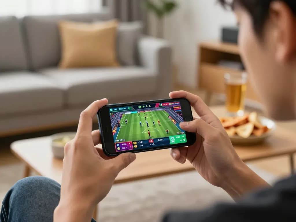 Online sports betting with RR88 app on smartphone at home, showcasing a lively gaming atmosphere