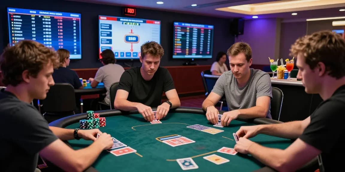 Permainan poker88 online dengan pemain fokus dalam suasana kompetitif dan lampu ambient yang menarik.