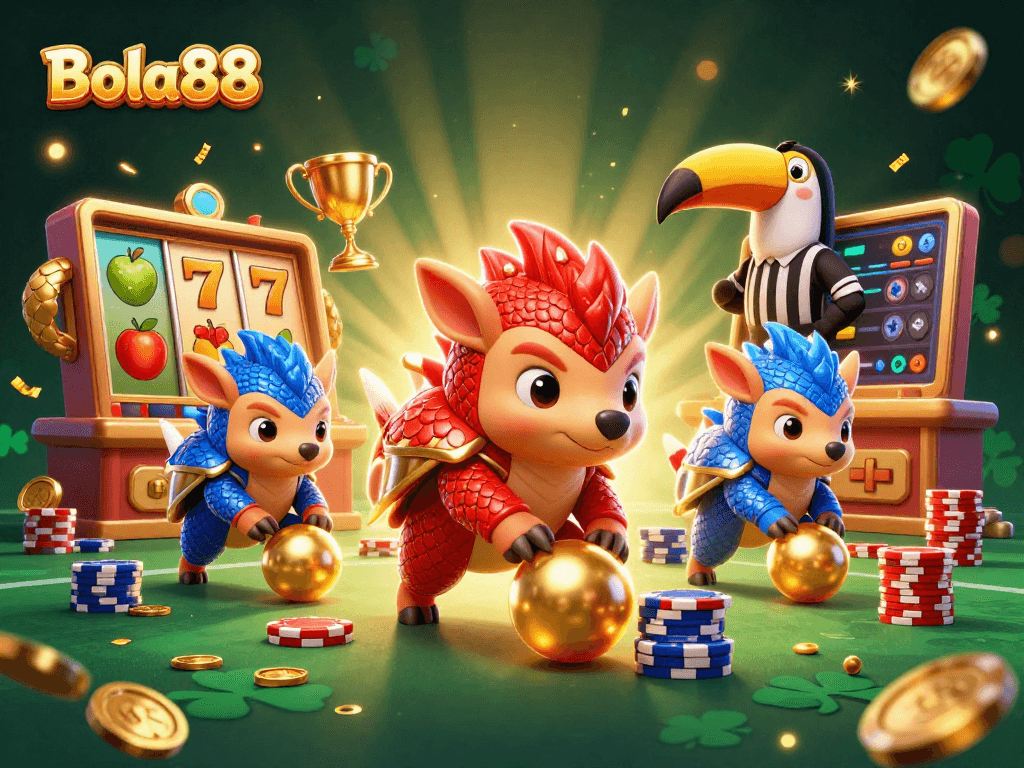 Bola88 menyediakan pengalaman permainan slot yang seru dengan pangolin bertanding dan mesin slot berputar.