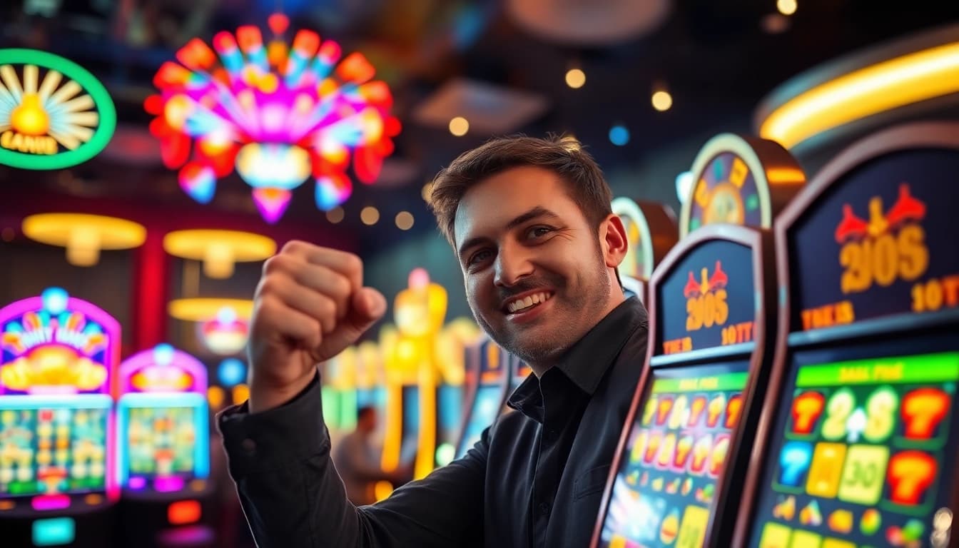 Memenangkan permainan di xgslot88 dengan mesin slot yang bercahaya dan suasana casino yang ramai.