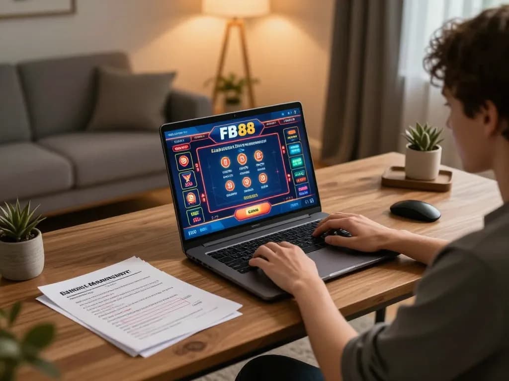 Player using FB88 online casino interface on laptop, surrounded by strategy notes and warm lighting.