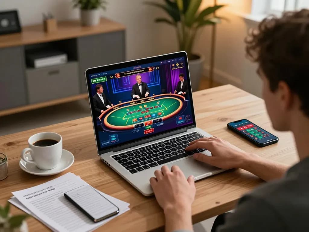 Engaging in MPOID online casino gaming with live dealer interface in a cozy home setting