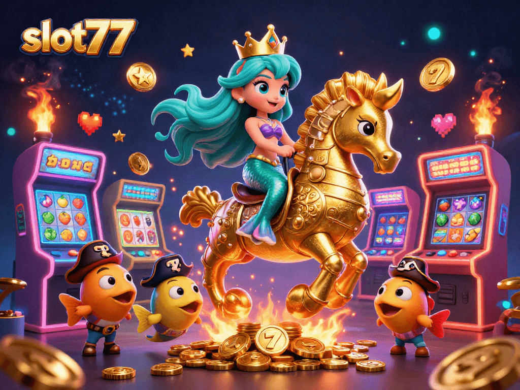 Spin to win with slot777 as the underwater mermaid rides a golden seahorse surrounded by colorful slot elements.
