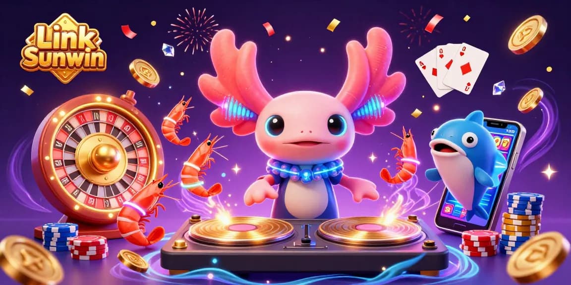 Engage with Link Sunwin's vibrant casino experience featuring a DJ axolotl and dynamic gaming elements.