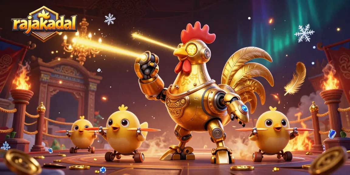 Nikmati pengalaman rajakadal dengan robot ayam emas dan drone anak ayam yang mengelilingi arena pertarungan.