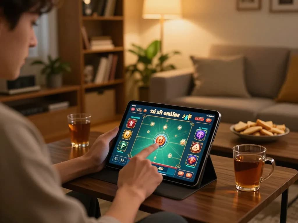Tải xỉu online gameplay displayed on a tablet in a cozy living room setting, enhancing the online gaming experience.