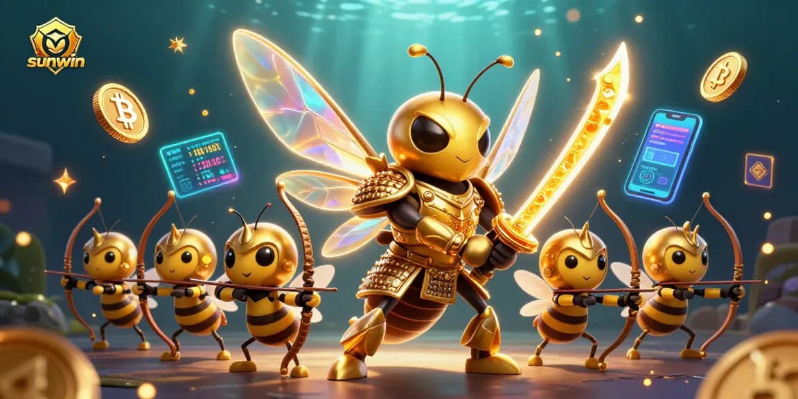 Experience the excitement of sunwin with a captivating 3D casino game scene featuring golden characters and crypto elements.