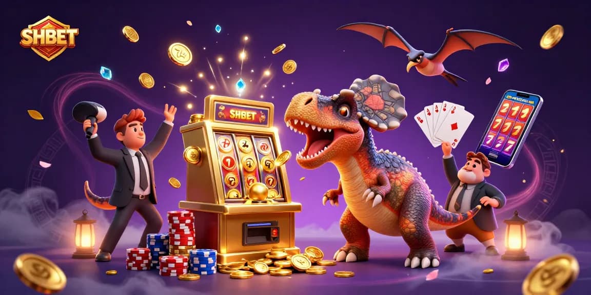Experience SHBET’s thrilling casino adventure featuring cartoon dinosaurs in a vibrant gambling atmosphere.