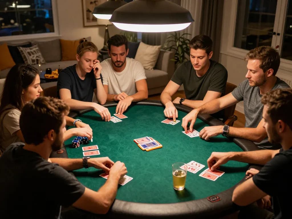 Friends enjoying a lively poker night while playing at home, emphasizing engagement and strategy at https://www.bdtk66.one/