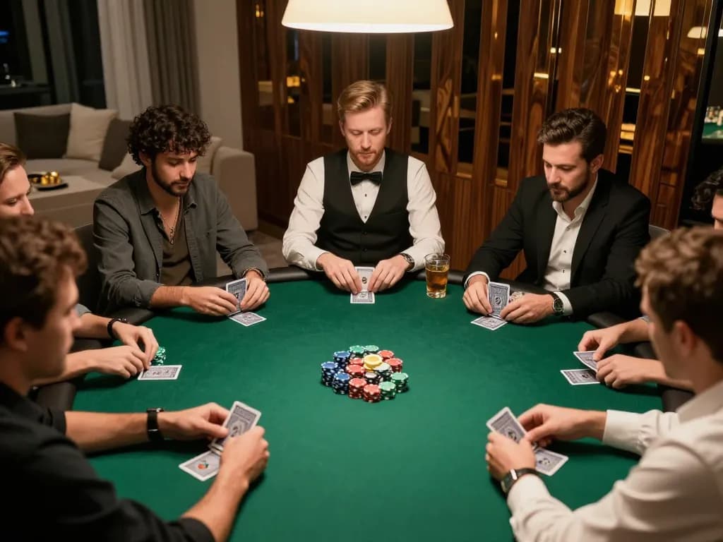 Kuwin players engaging in a competitive poker game at home, showcasing strategic decision-making and camaraderie.