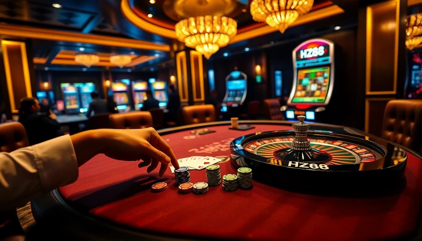 hz88 casino table showcasing strategic poker chip placement and vibrant roulette wheel action