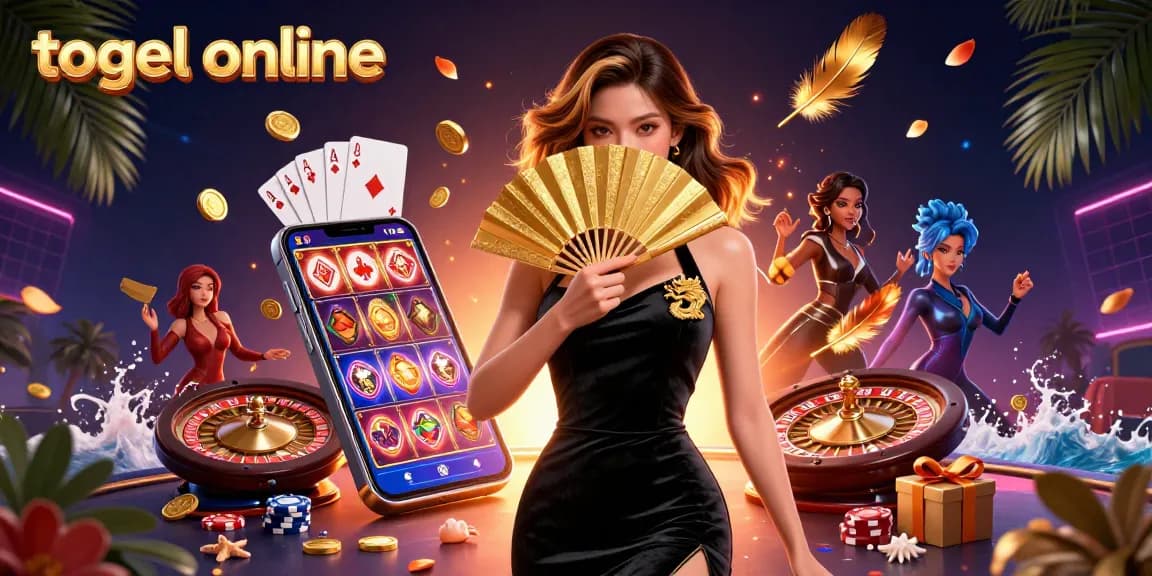 Experience the thrill of togel online with an elegant scene featuring vibrant slot games and captivating characters.