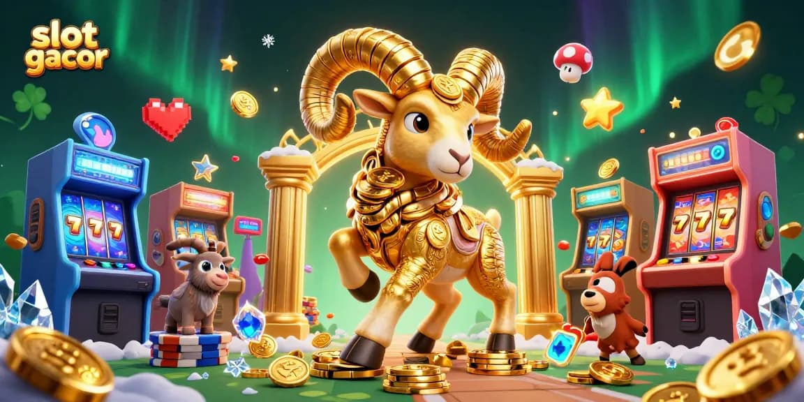 Spin the slot gacor reels with colorful arcade elements and a golden ram mascot.