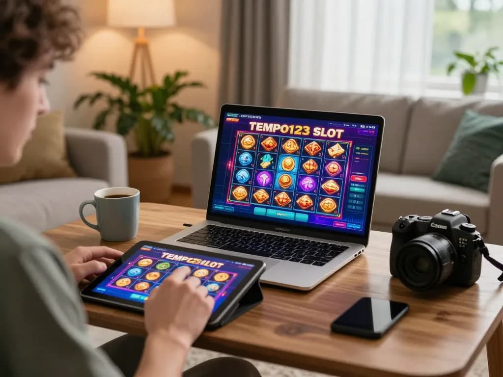 Suasana menarik pemain yang menikmati Slot Tempo123 di laptop dalam suasana rumah yang nyaman.