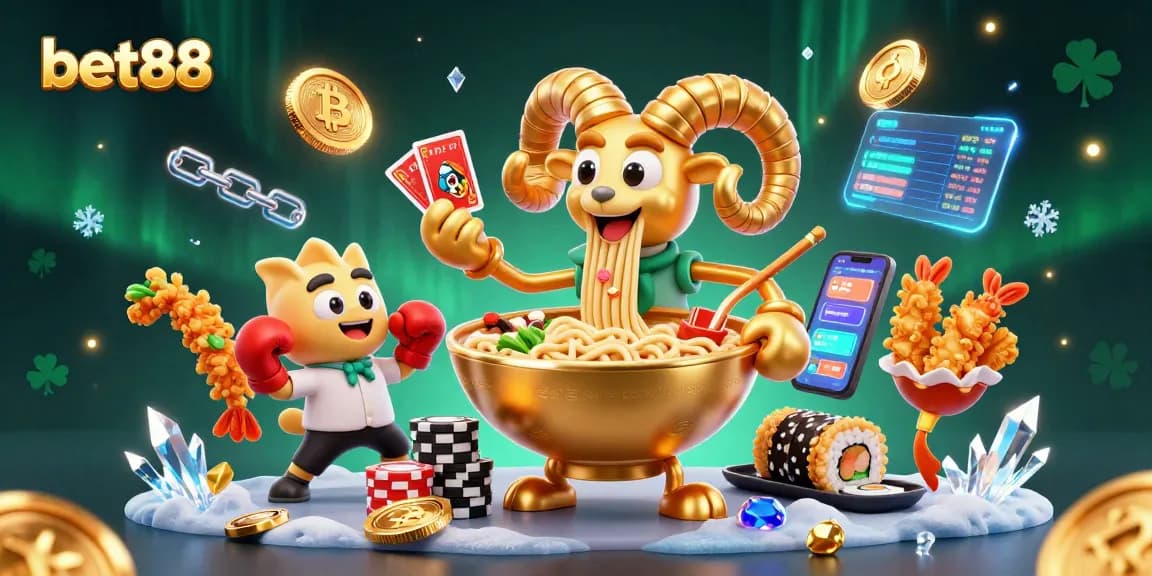 Play and win with bet88 in a vibrant casino scene featuring animated characters and crypto elements.