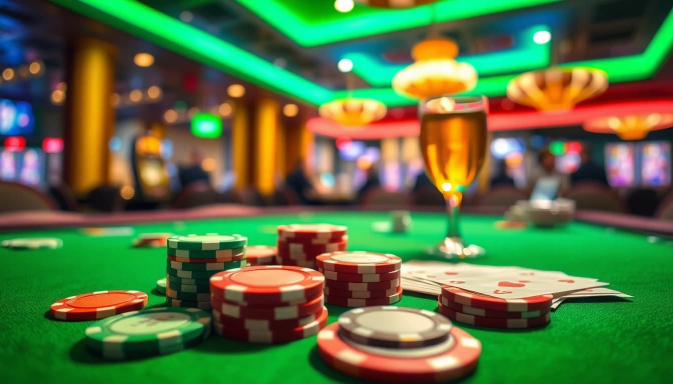 Taruhan SBOBET88 yang menarik dengan meja poker dan chip berwarna-warni di latar belakang.