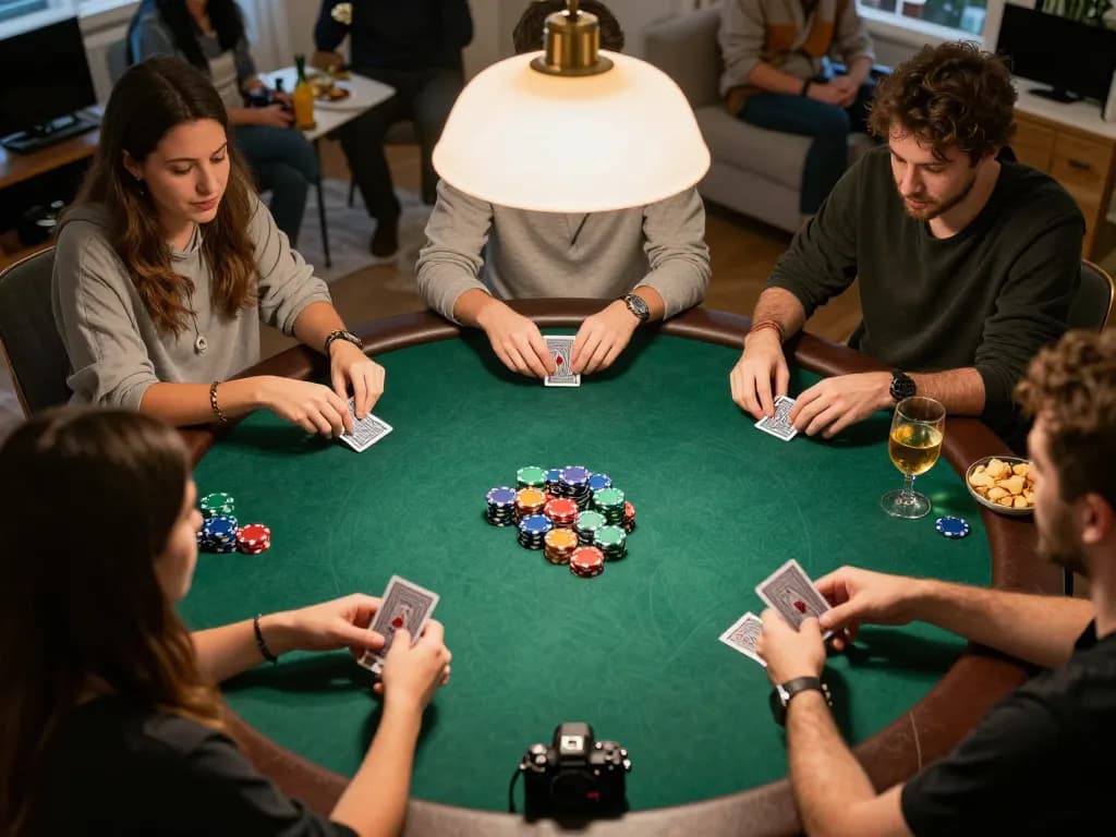 RIK VIP players engaged in friendly poker competition around stylish table with chips stacked.