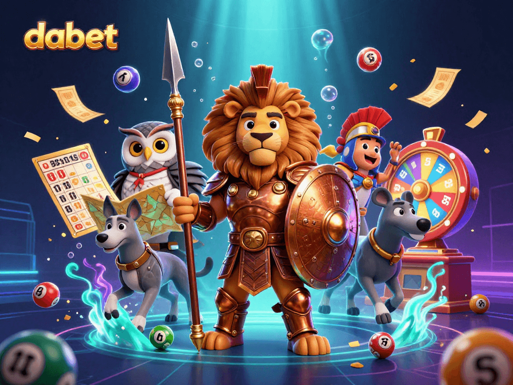 Engage in thrilling games at dabet with vibrant lottery elements illuminated by a Spartan lion and companions.