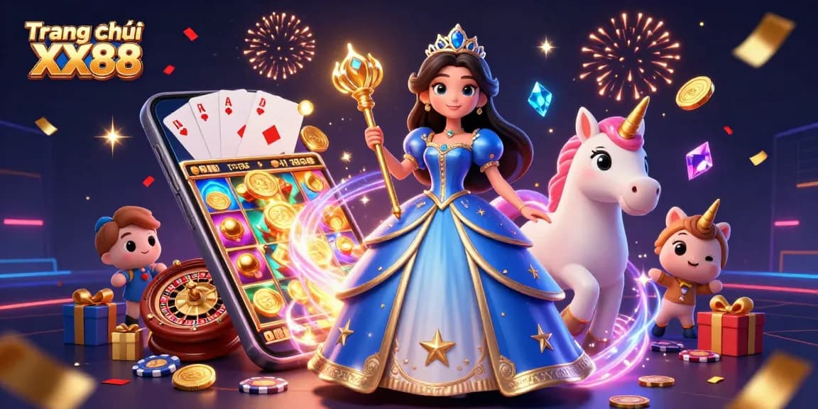 Play exciting games like slots at Trang chủ XX88, featuring vibrant characters and elements in a casino-themed illustration.