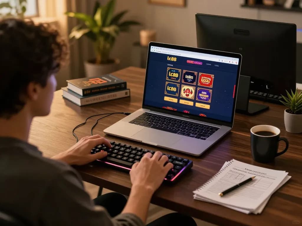 Engaging with lc88 online casino at a stylish gaming setup, showcasing a cozy atmosphere