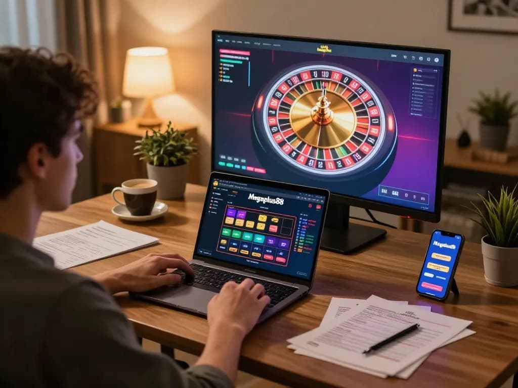Player engaging with Megaplus88 online casino on a laptop in a cozy home setup