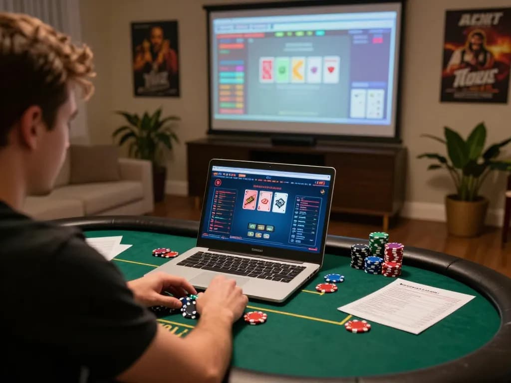 Pemain yang terlibat merencanakan strategi dengan antarmuka poker online aman788 di laptop di rumah yang bergaya.