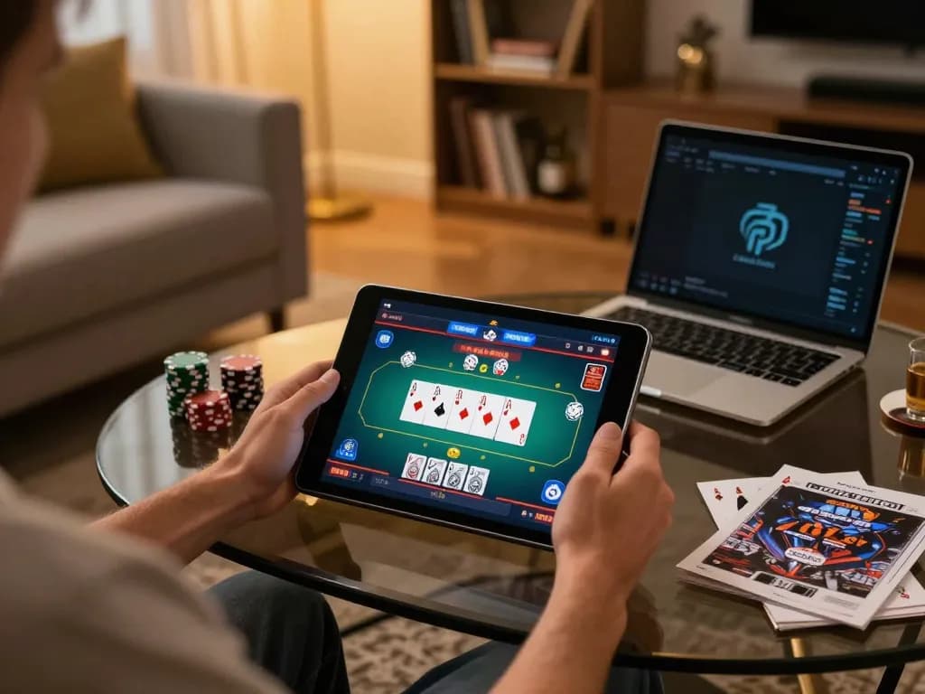 Experience exciting online casino gameplay at hm88 with a player enjoying poker on a tablet in a comfortable home