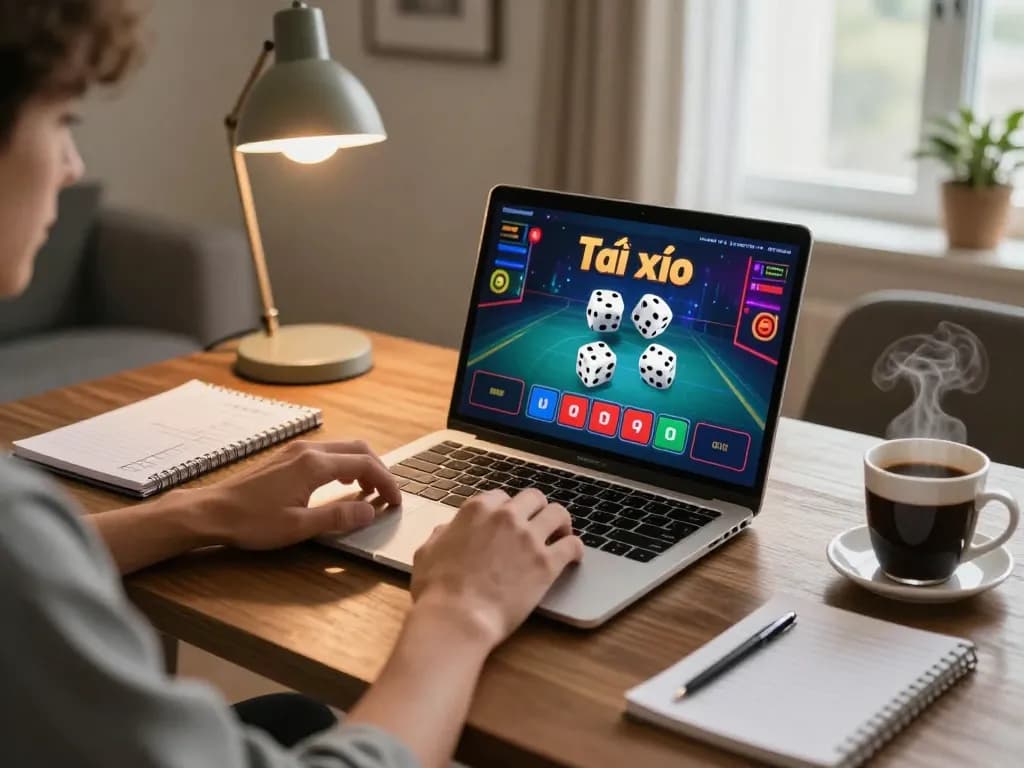 Tài xỉu online gaming session with vibrant graphics on laptop, showcasing cozy home setup and strategic play.