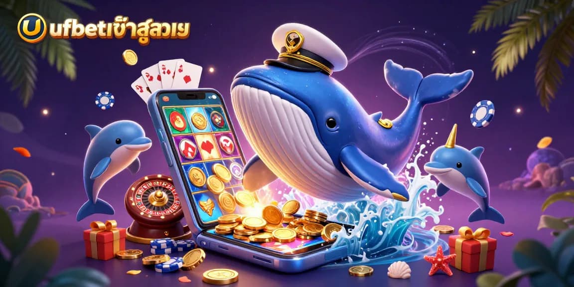 Experience the excitement of ufabetเข้าสู่ระบบ with cartoon characters surrounded by casino elements like poker chips and slot games.