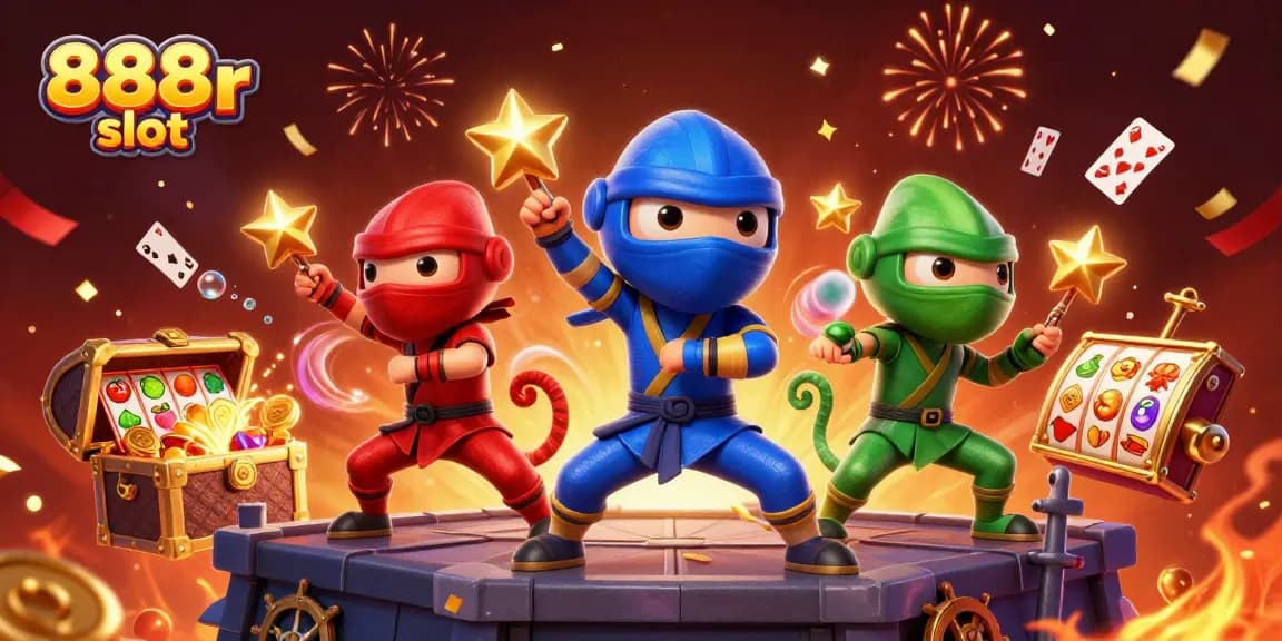 Experience the excitement of the 888r slot with a vibrant 3D illustration featuring ninja chameleons.