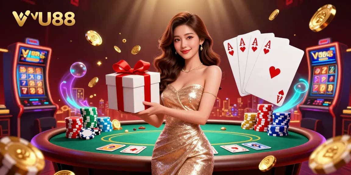 Experience the excitement of VU88 with a festive casino scene filled with poker elements and golden coins.